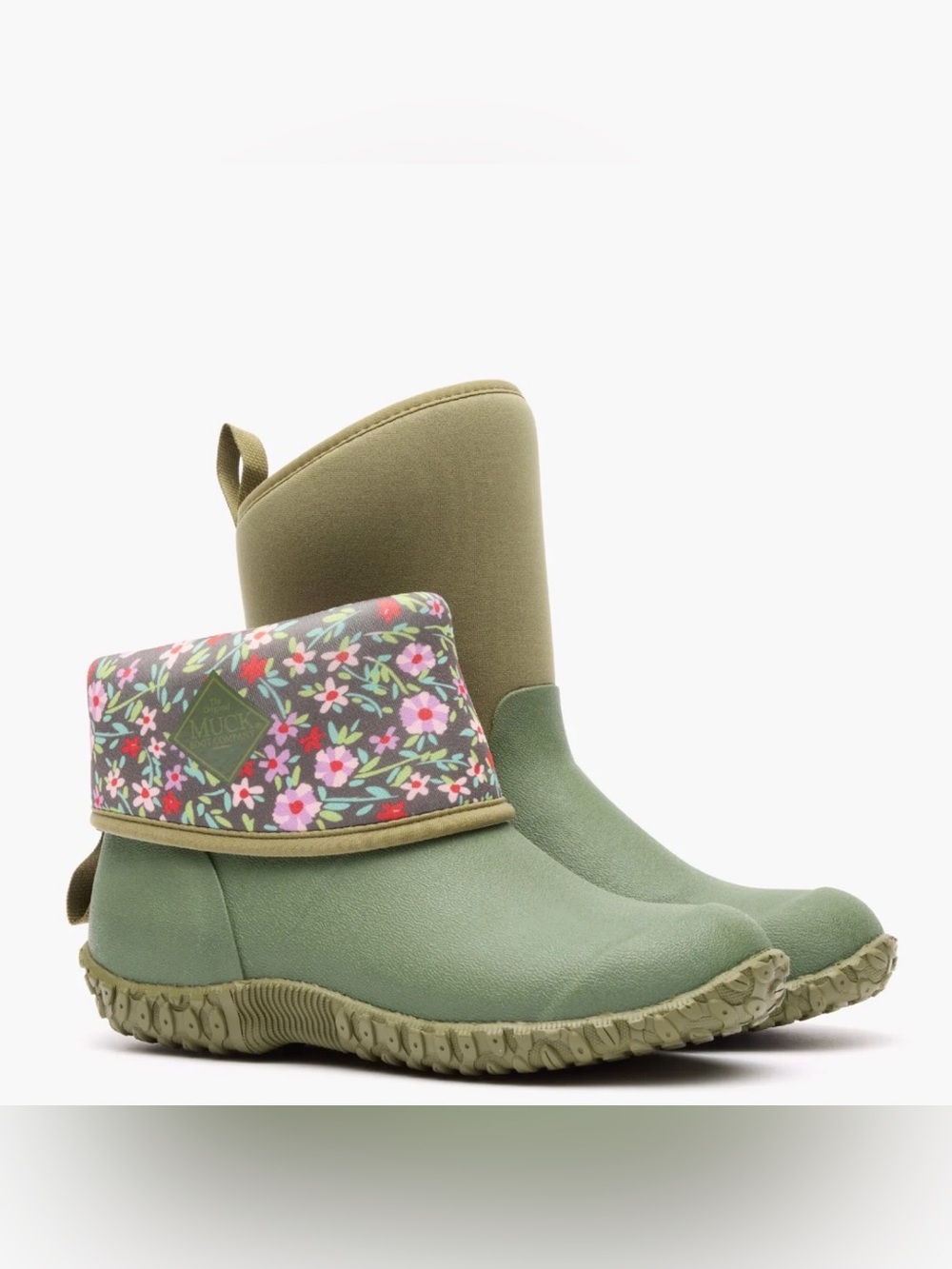 Womens Olive Green Waterproof Ankle Rain Boots with Floral Cuff